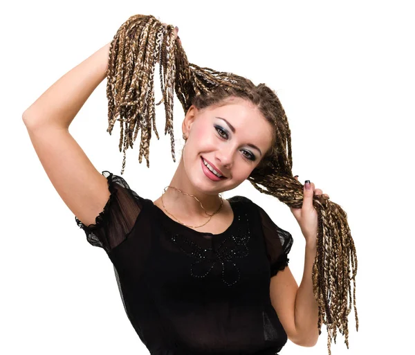 Portrait of young smiling woman with dreadlocks. — Stock Photo, Image