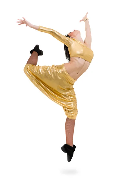 Bailarina de discoteca mostrando algunos movimientos contra el blanco aislado — Foto de Stock