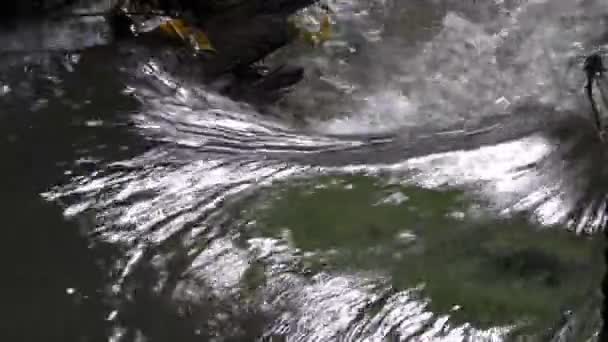 Ποτάμι τρέχει της ροής του νερού με μικρό ρήγμα πάνω ράφι πέτρα στο χρόνο βράδυ — Αρχείο Βίντεο