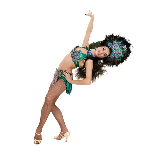 Una mujer caucásica bailarina de samba bailando aislada en blanco en longitud completa —  Fotos de Stock