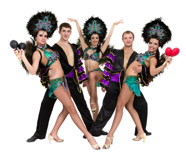 Samba danseres team dansen geïsoleerd op wit in volle lengte — Stockfoto