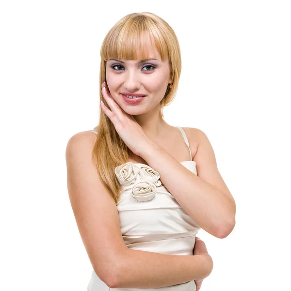 Jovem loira sorrindo mulher retrato isolado no branco — Fotografia de Stock