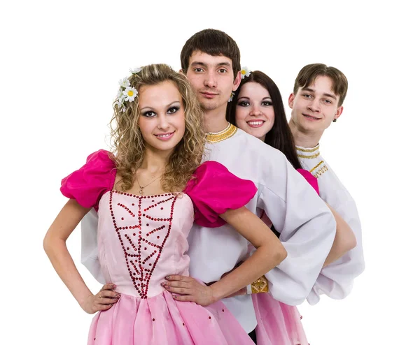 戴着民间的俄罗斯服装构成的舞蹈队 — 图库照片