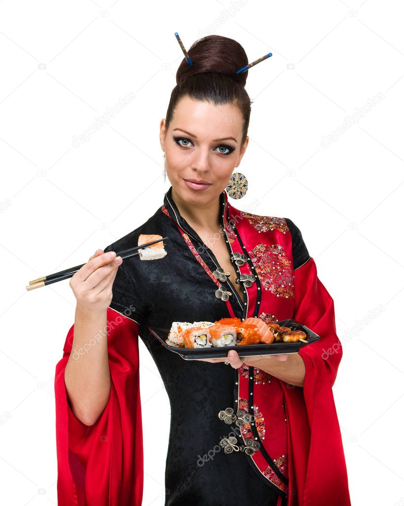 woman in traditional dress with eastern food