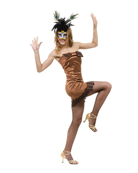 Carnival dancer woman wearing a mask dancing, isolated on white in full length. — Stock Photo, Image