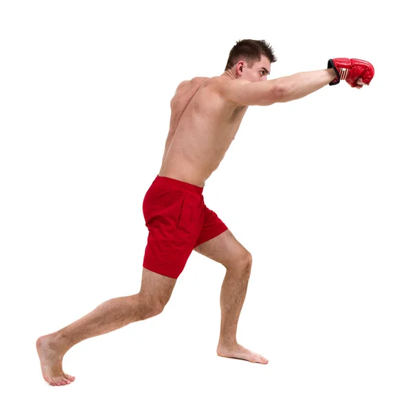 Retrato de comprimento total de jovem boxeador masculino mostrando alguns movimentos contra fundo branco isolado — Fotografia de Stock