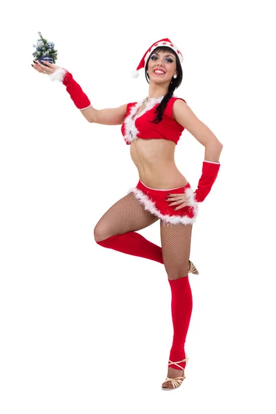Young dancer woman in christmas hat posing on white background — Stock Photo, Image