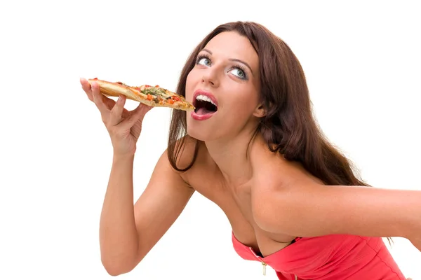 Femme souriante avec une grosse pizza isolée sur un blanc — Photo