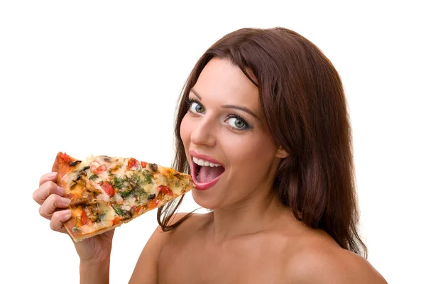 Beyaz izole büyük pizza ile gülümseyen kadın — Stok fotoğraf