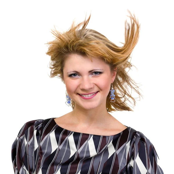 Щаслива молода жінка з літаючим волоссям на білому — стокове фото