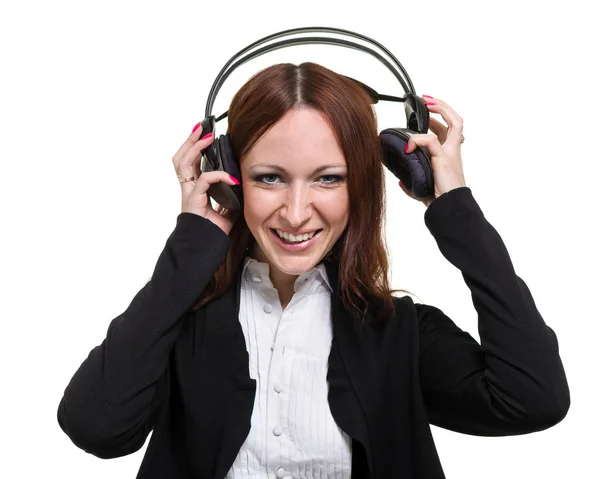 Closeup portrait of cute young business woman with headphones isolated on white — Stock Photo, Image