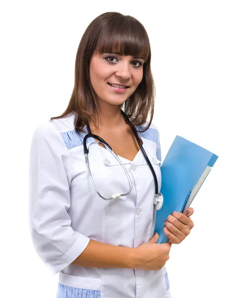Medicinska tecken. Ung kvinna läkare eller sjuksköterska med kopia utrymme för text. — Stockfoto