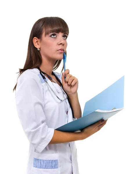 Medicinska tecken. Ung kvinna läkare eller sjuksköterska med kopia utrymme för text. — Stockfoto