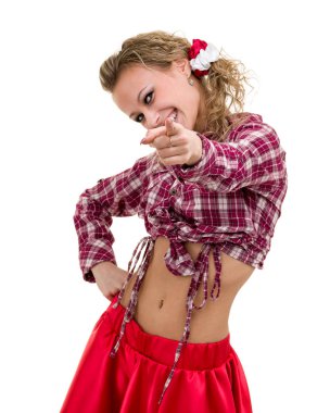 beyaz zemin üzerinde komik tatlı gülümseyen kadın