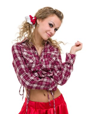 beyaz zemin üzerinde komik tatlı gülümseyen kadın