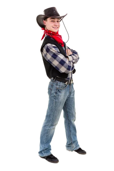 Genç adam tam uzunlukta beyaz arka plan üzerinde izole bir kovboy şapkalı — Stok fotoğraf