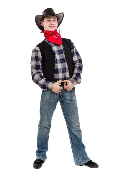 Young man in a cowboy hat, isolated on white background in full length — Stock Photo, Image