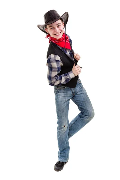 Mladý muž v kovbojském klobouku, izolované na bílém pozadí v celých délkách — Stock fotografie