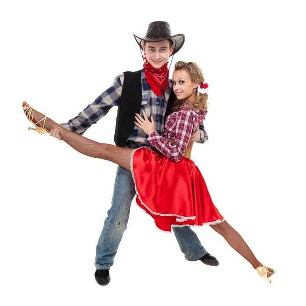 Kabare dansçı çift kovboy kostümler giymiş — Stok fotoğraf