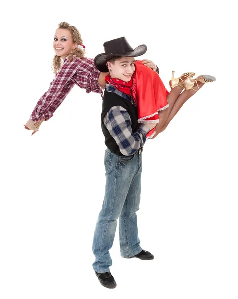 Cabaret dancer couple dressed in cowboy costumes — Stock Photo, Image