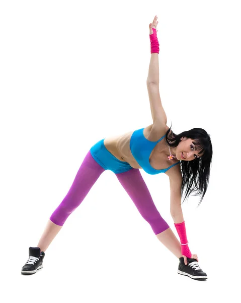 Fitness-Frau macht Übungen, isoliert auf weißem Hintergrund in voller Länge. — Stockfoto