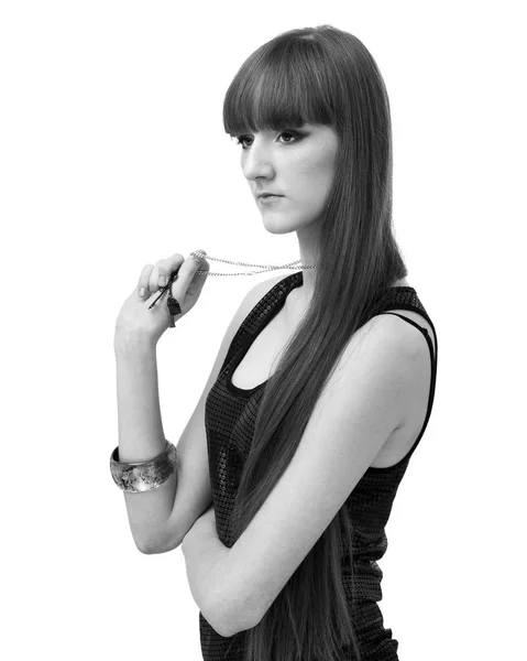 Black and white portrait of glamour young girl with beautiful long hair — Stock Photo, Image