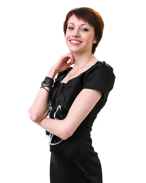 화이트에 고립 된 작은 드레스, 섹시 한 젊은 여자 — 스톡 사진