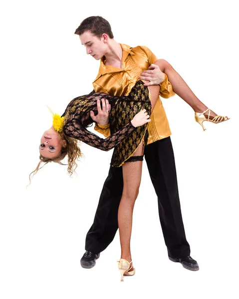 Full length of young ballet couple dancing against isolated white — Stock Photo, Image