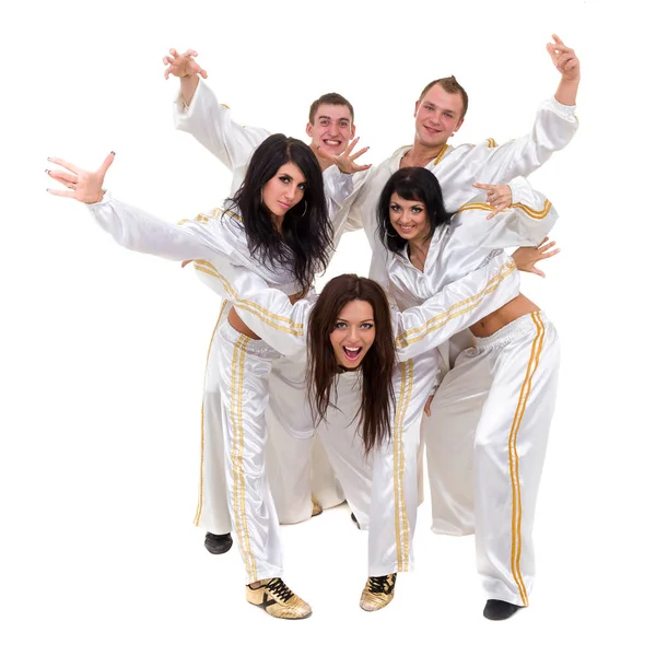 Disco-Tänzer-Team tanzt, isoliert auf Weiß in voller Länge. — Stockfoto
