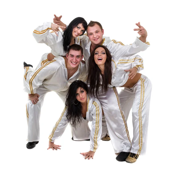 Danseuse disco équipe dansant, isolée sur blanc en pleine longueur . — Photo