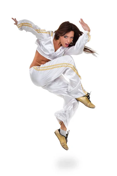 Dançarino de estilo moderno pulando no branco — Fotografia de Stock