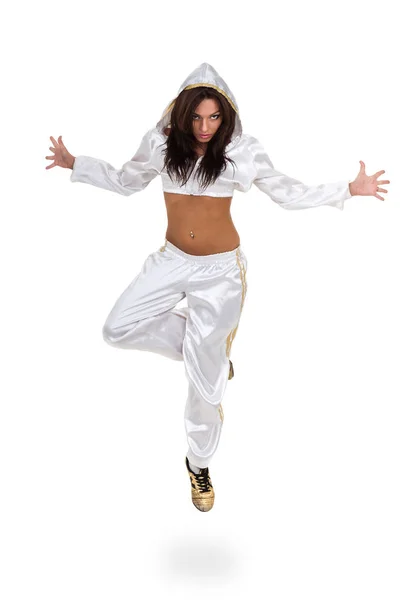 Dançarino de estilo moderno pulando no branco — Fotografia de Stock