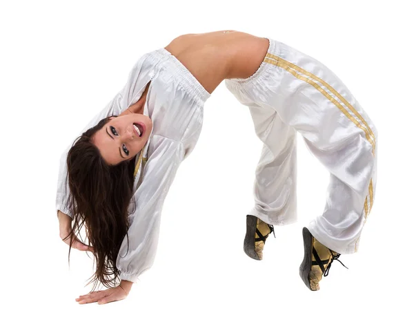 Ballerina di discoteca che mostra alcuni movimenti contro il bianco isolato — Foto Stock