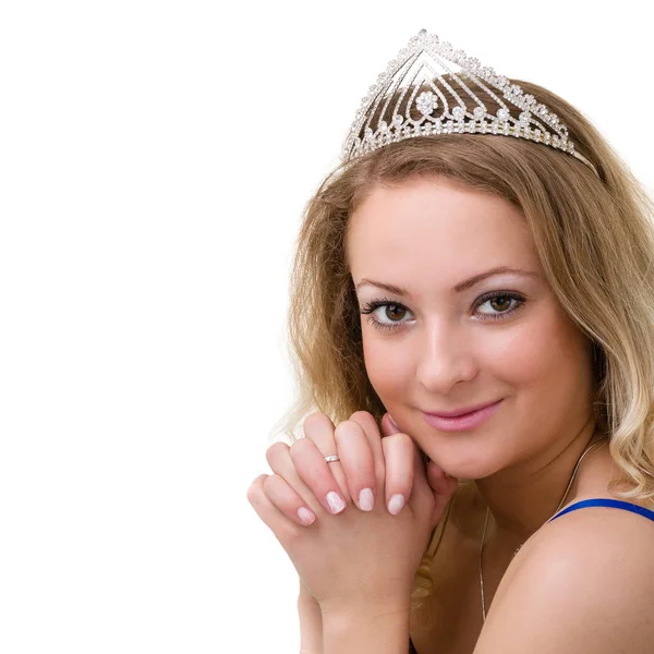 Beautiful smiling girl with diadem on a white — Stock Photo, Image