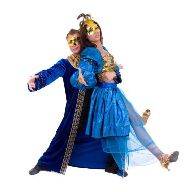 Karnaval dansçılar bir maske dans, tam uzunlukta beyaz izole takım.