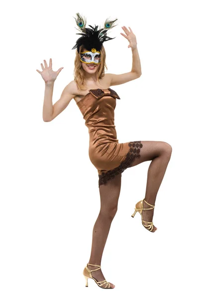 Καρναβάλι γυναίκα χορεύτρια φορώντας μια μάσκα, χορός, που απομονώνονται σε λευκό σε όλο το μήκος. — Φωτογραφία Αρχείου