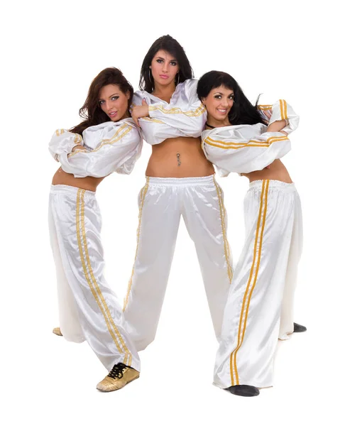 Moderní tanečnice týmu tance, izolované na bílém v celých délkách. — Stock fotografie
