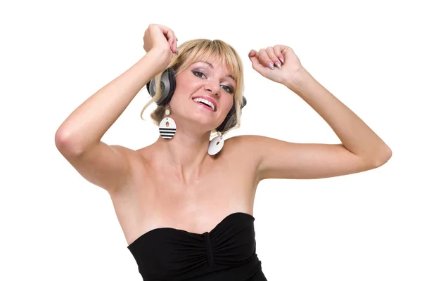 Attractive woman dancer with headphones, isolated on white — Stock Photo, Image