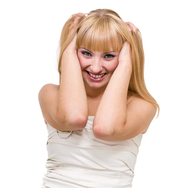 Retrato de cerca de la joven sorprendida aislada en blanco — Foto de Stock