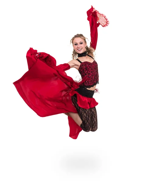 Junge Flamencofrau springt, isoliert im Ganzkörper auf weiß — Stockfoto