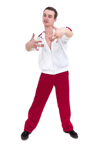 Disco danser toont enkele bewegingen tegen geïsoleerde witte achtergrond — Stockfoto