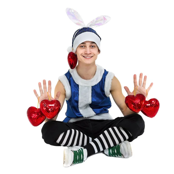 Man wearing a bunny costume posing against isolated white background in full length — Stock Photo, Image