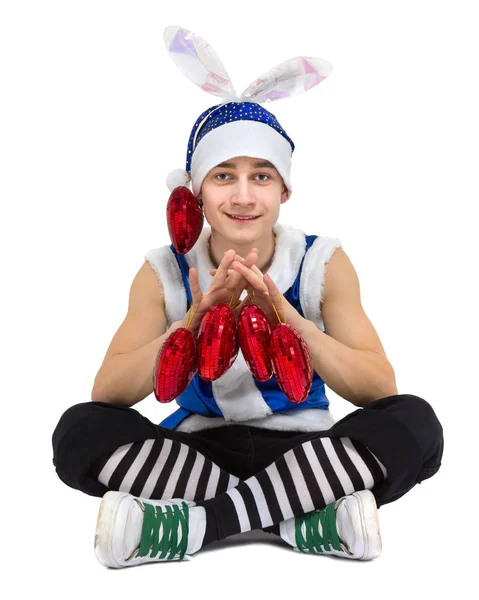 Man wearing a bunny costume posing against isolated white background in full length — Stock Photo, Image