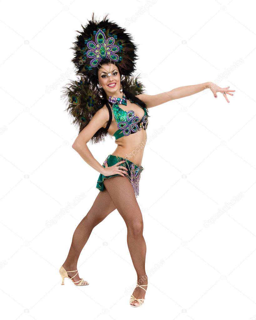 one caucasian woman samba dancer dancing isolated on white in full length