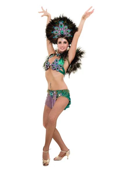 One caucasian woman samba dancer dancing isolated on white in full length — Stock Photo, Image