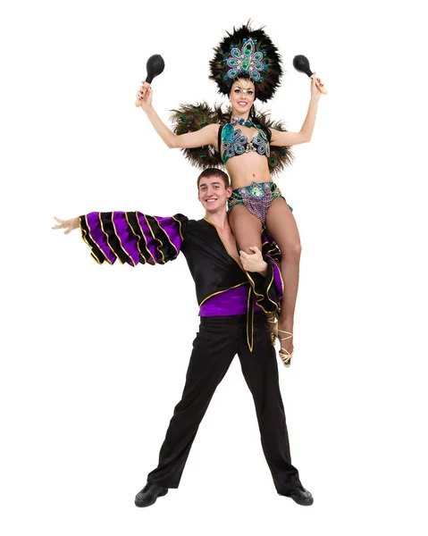 Gypsy flamenco dancer couple dancing against isolated white background — Stock Photo, Image