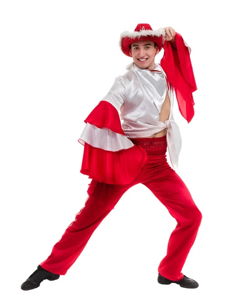 Dansende man draagt een toreador kostuum. Geïsoleerd op witte achtergrond. — Stockfoto