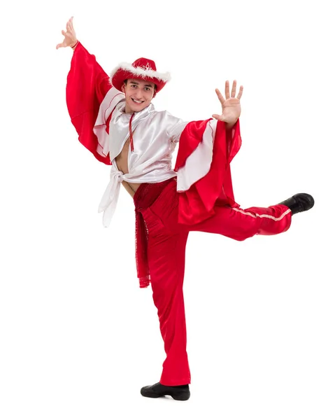 Танцюючий чоловік у костюмі шрадора. Ізольовані на білому тлі . — стокове фото