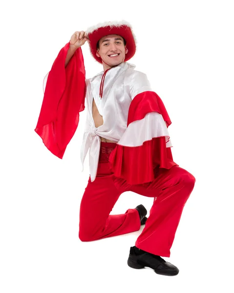Tančící muž na sobě kostým toreador. Izolované na bílém pozadí. — Stock fotografie