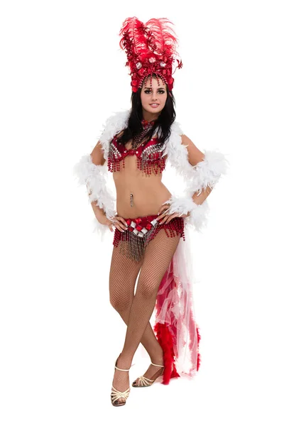 Uma mulher caucasiana dançarina de samba dançando isolada em branco de comprimento total — Fotografia de Stock